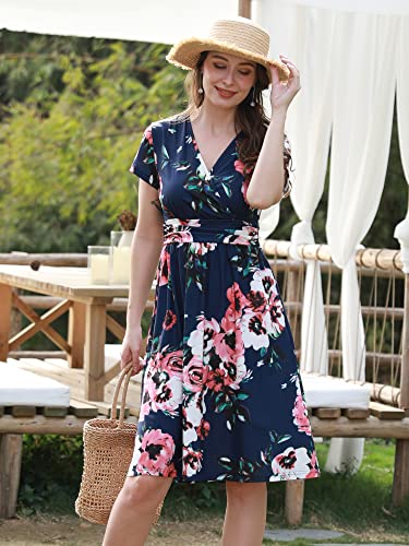 OUGES Women's Summer Short Sleeve V-Neck Floral Short Party Dress with
