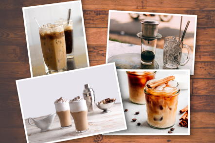 various pictures of iced coffee drinks from around the world