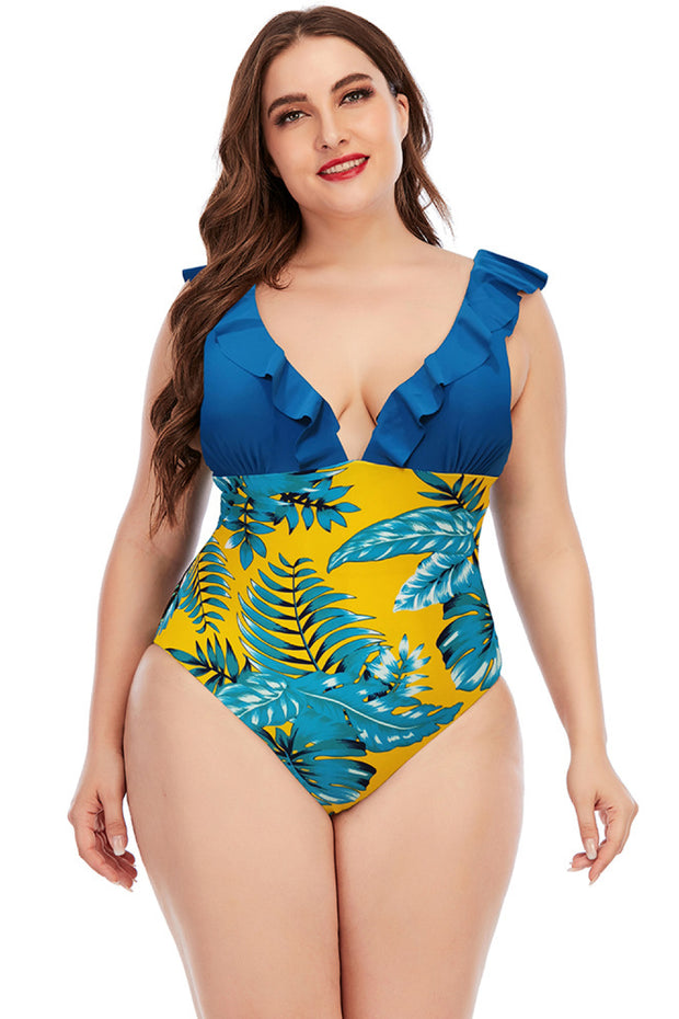 Plus Size Two-Tone Ruffled One-Piece Swimsuit
