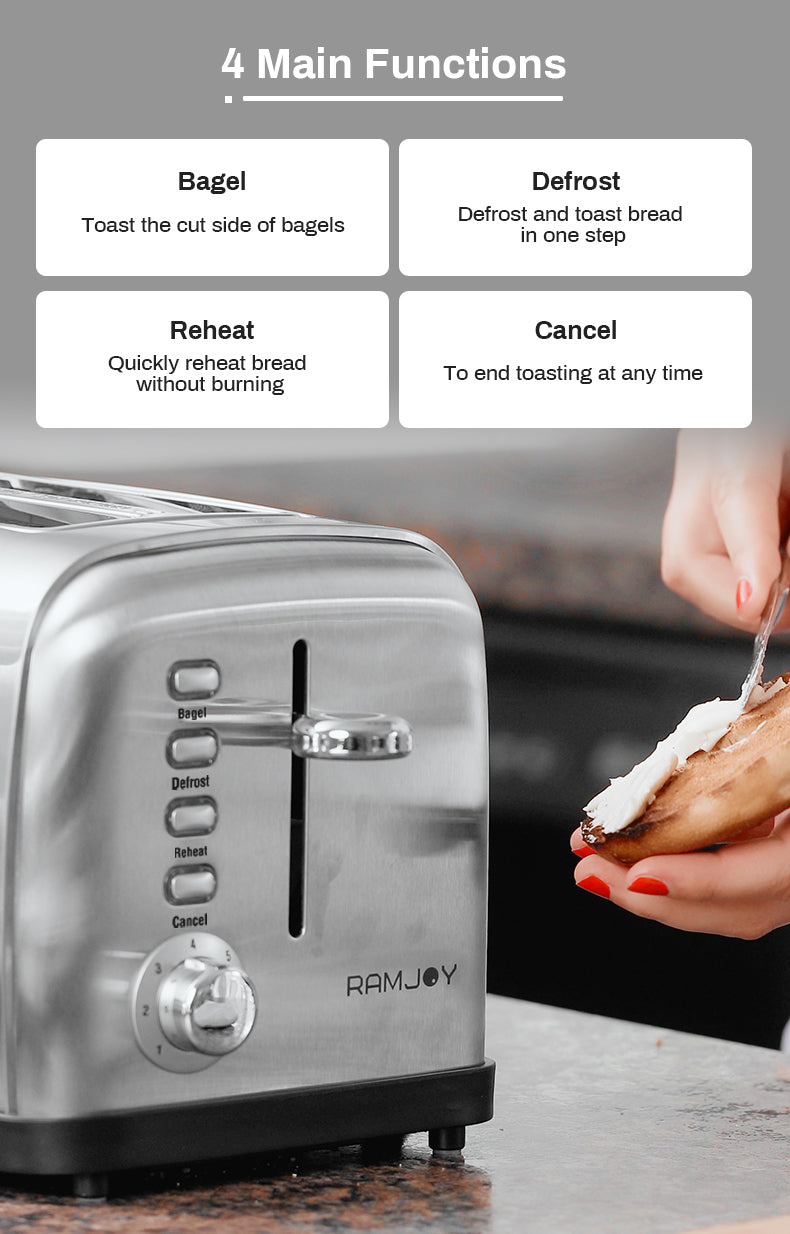 RAMJOY Toaster 2 Slice, Extra-Wide Slot Toasters for Bagels, Bread,  Waffles, 7 Shade Settings, 4 Main Functions, Removable Crumb Tray, 900  Watts, Brushed Stainless Steel 