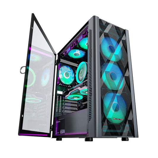 Gaming PC Computer Case RGB LED Mid Tower ATX Tempered Glass 6x Halo Ring  Fans