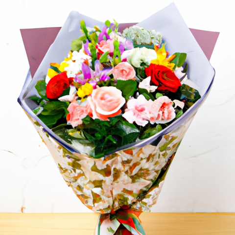 Colorful flower gifts bouquet with pink, yellow, and purple blooms arranged in a glass vase on a wooden table