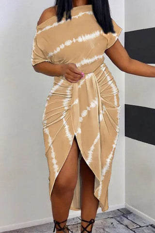 Casual Print Patchwork Asymmetrical Oblique Collar Irregular Dress Dresses