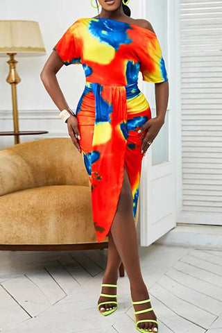 Casual Print Patchwork Asymmetrical Oblique Collar Irregular Dress Dresses