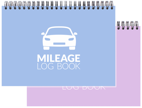 Picture of our mileage log books in purple and blue cover options.
