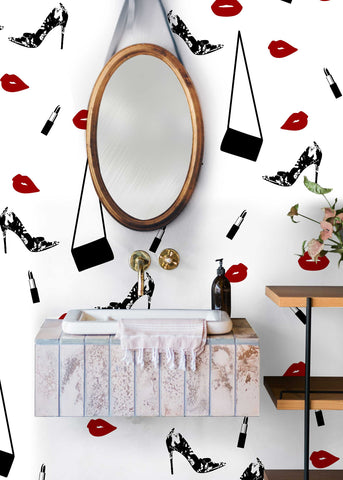 A chic and elegant makeup room with stunning wall decals showcasing unique patterns and designs.