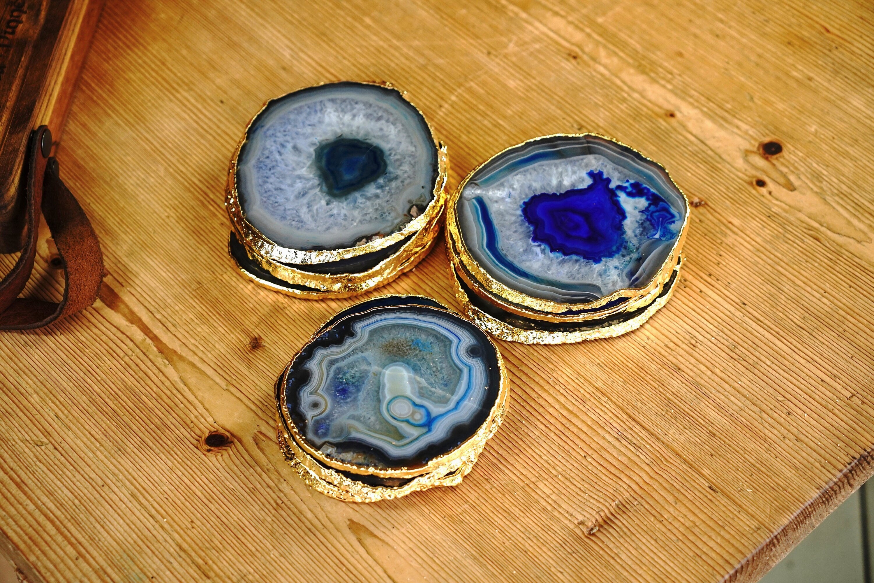 Gold Rimmed Blue Agate Coasters - Set of Two or Set of Four