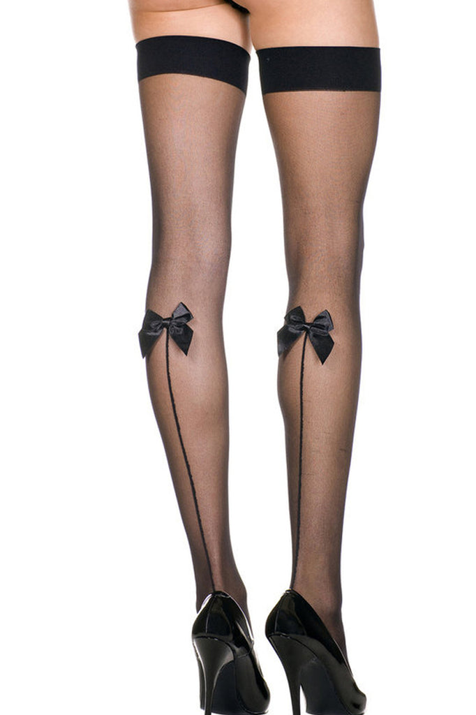 Womens Sheer Black Thigh High Stockings With Black Bows In Back