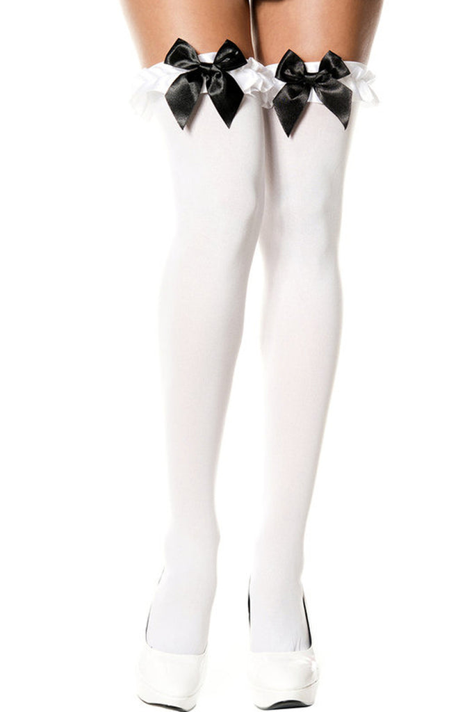 Women S White Thigh High Stockings With Black Bows