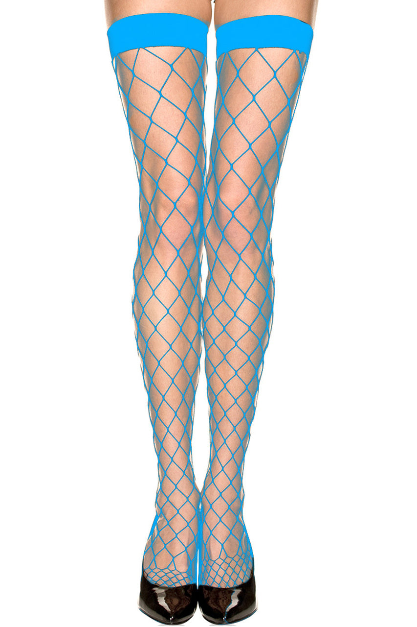 Neon Green Diamond Net Stockings with Wide Bands