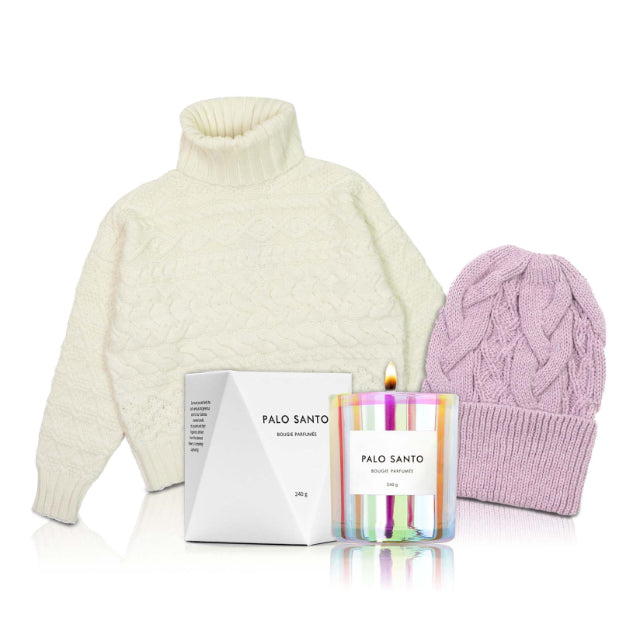 Cable Knit sweater and toque and candle