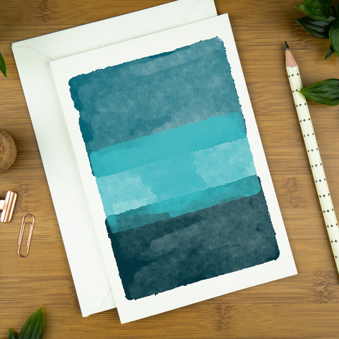 a colour block abstract art greeting card featuring colour blocks in different shades of blues.