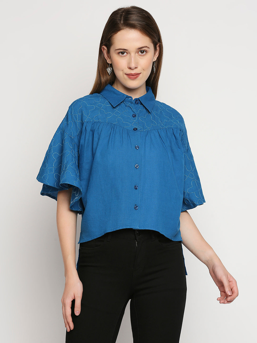 Blue Embroidered Hemline Shirt
