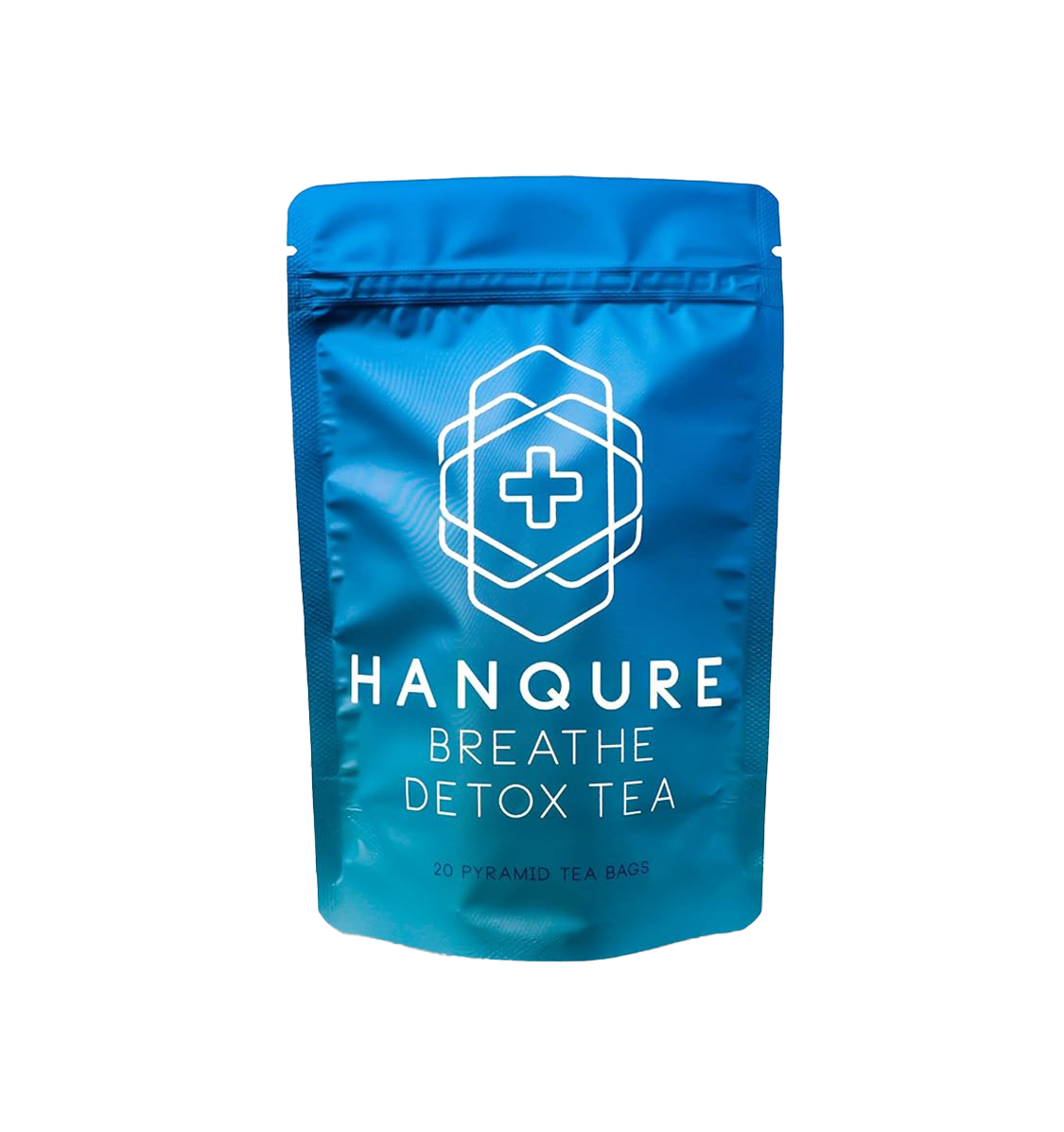 Blue packet of Hanqure Breathe Detox Tea with 20 pyramid tea bags.