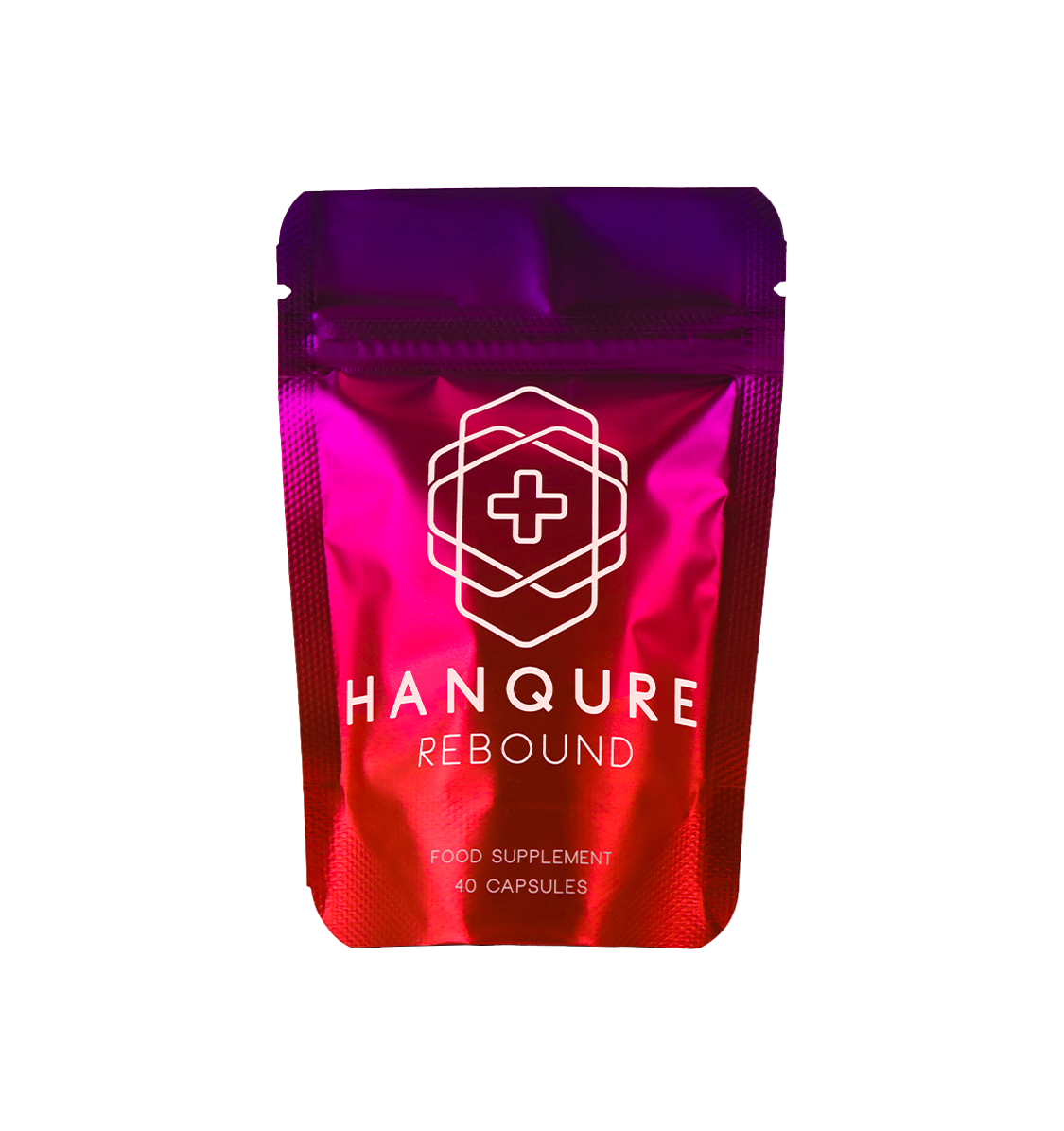 Purple and red Hanqure Rebound supplement package with geometric design.