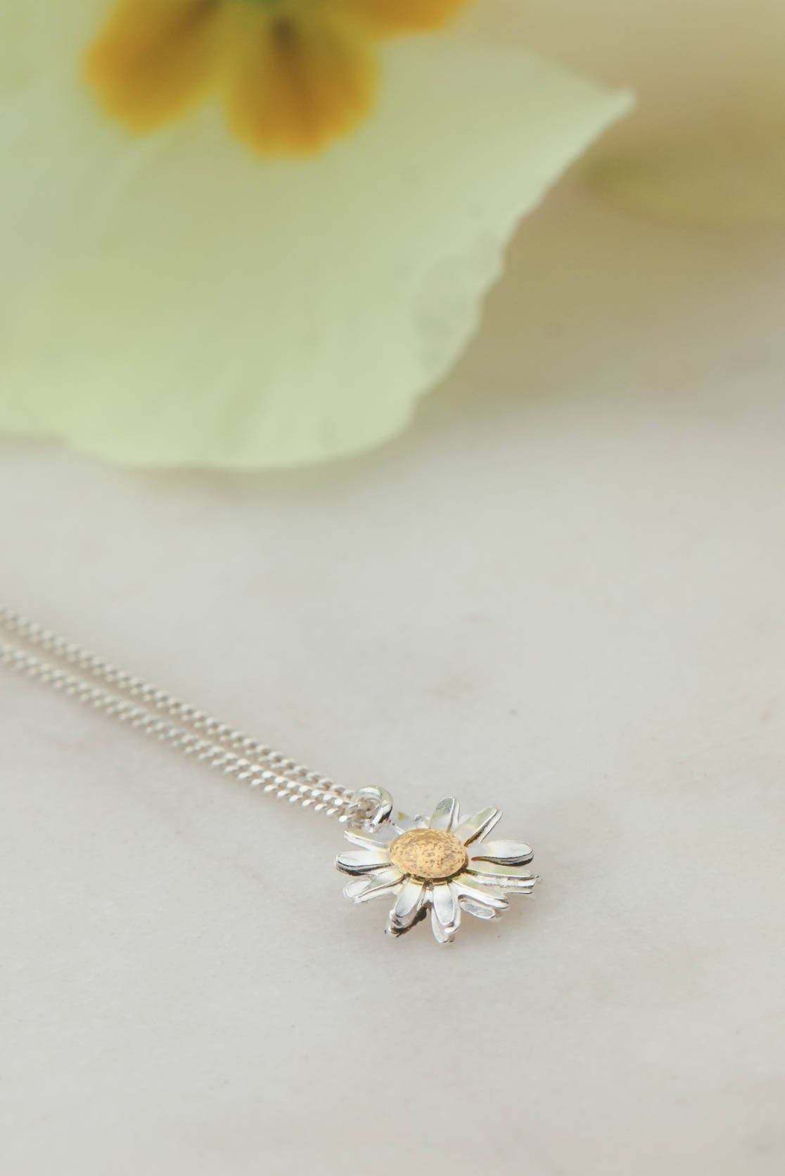 Sterling Silver and Gold Daisy Flower Head Necklace