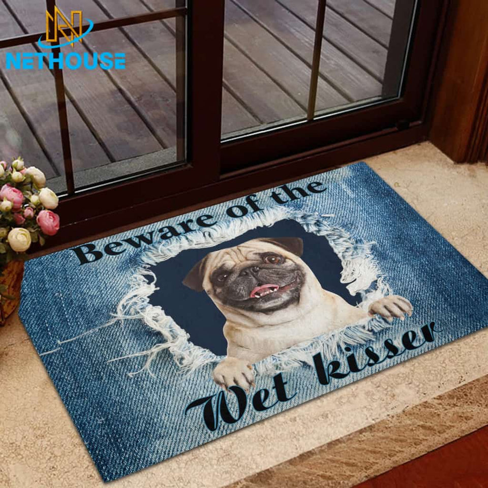 Pug Beware Of The Wet Kisser Rubber Base Doormat | Welcome Mat | House Warming Gift