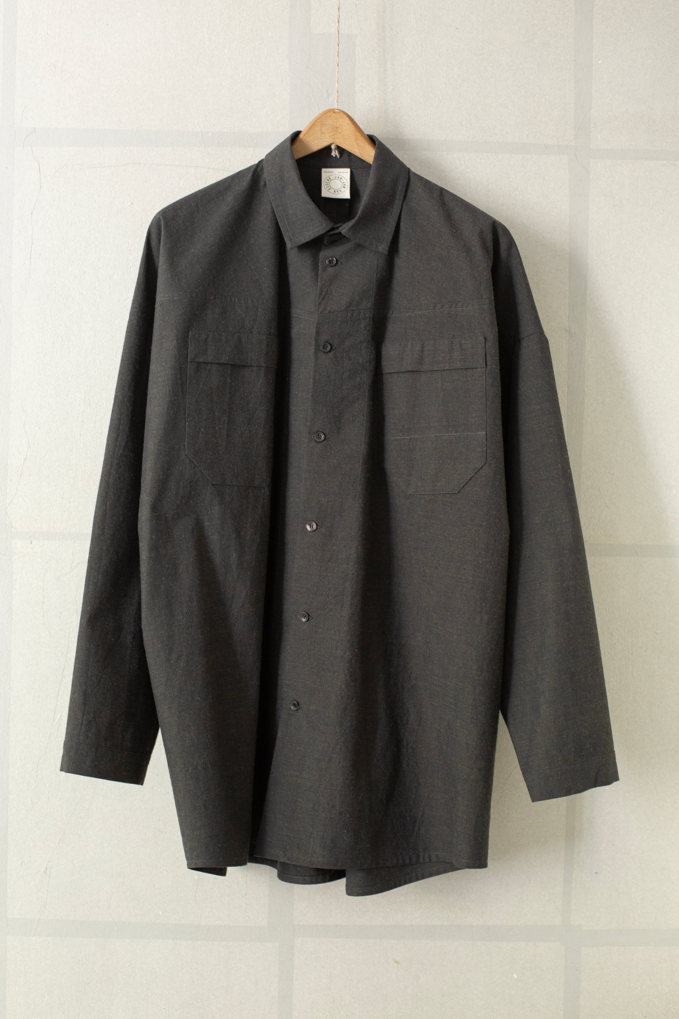 SHIRT#97 - BLACK KHAKI COTTON WOOL DENSE CLOTH by Jan-Jan