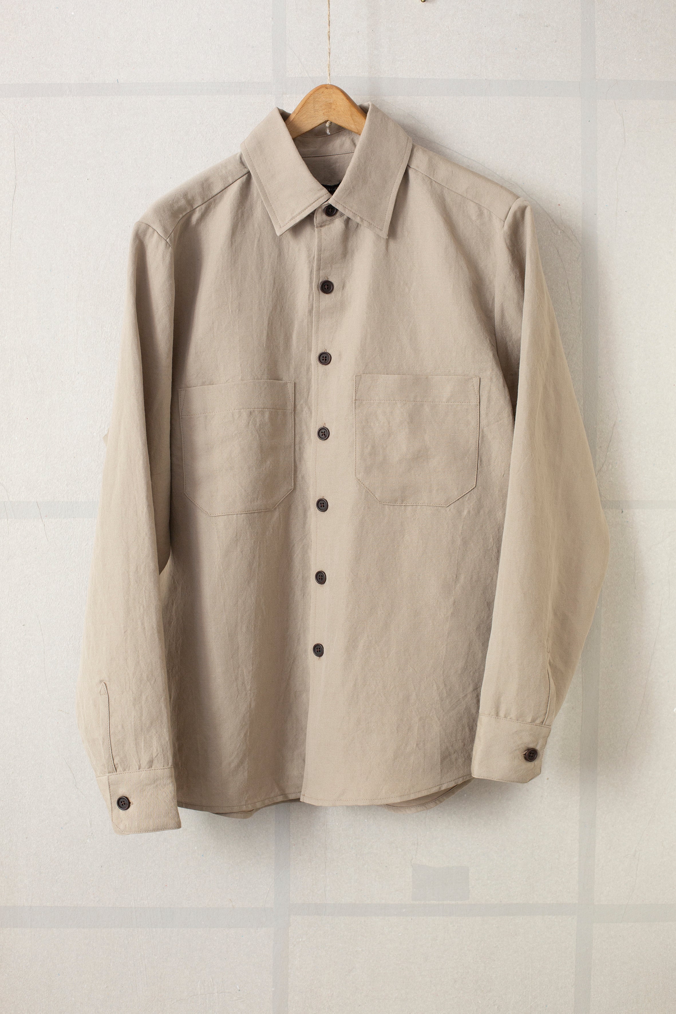 Two Pocket Shirt in Beige Wool/Linen Twill by Evan Kinori