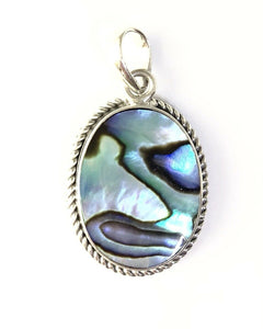 High Polish Sterling Silver 925 Oval Abalone Shell Rope Border Design Pendant