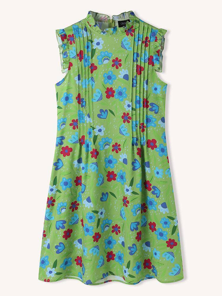 Flowers Print Pleated Fungus Sleeveless Midi Casual Dress for Women-SKUH73711