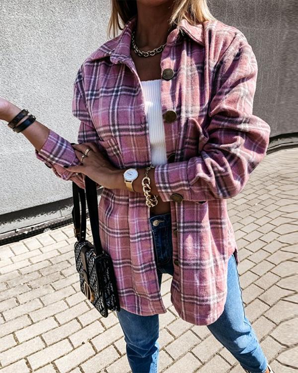 Loose-Fitting Retro Plaid Long Sleeve Outerwear