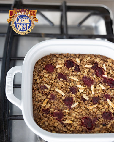 RASPBERRY ALMOND BAKED 7-GRAIN “OATMEAL” This baked “oatmeal” using Cream of the West Roasted 7-Grain takes only minutes to put together and can be baked and sliced ahead of time or made up the night before and baked just before breakfast. Delicious, satisfying and filled with heart healthy whole grains!