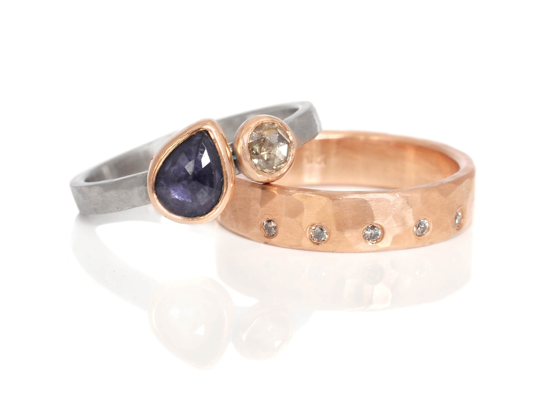 Custom sapphire and mixed gold wedding set from EC Design in Minneapolis, MN