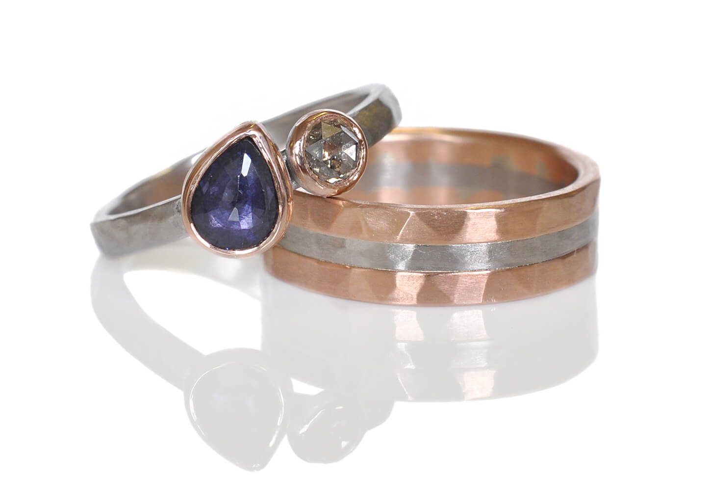 Custom sapphire and mixed metal wedding set from EC Design Jewelry in Minneapolis, MN.