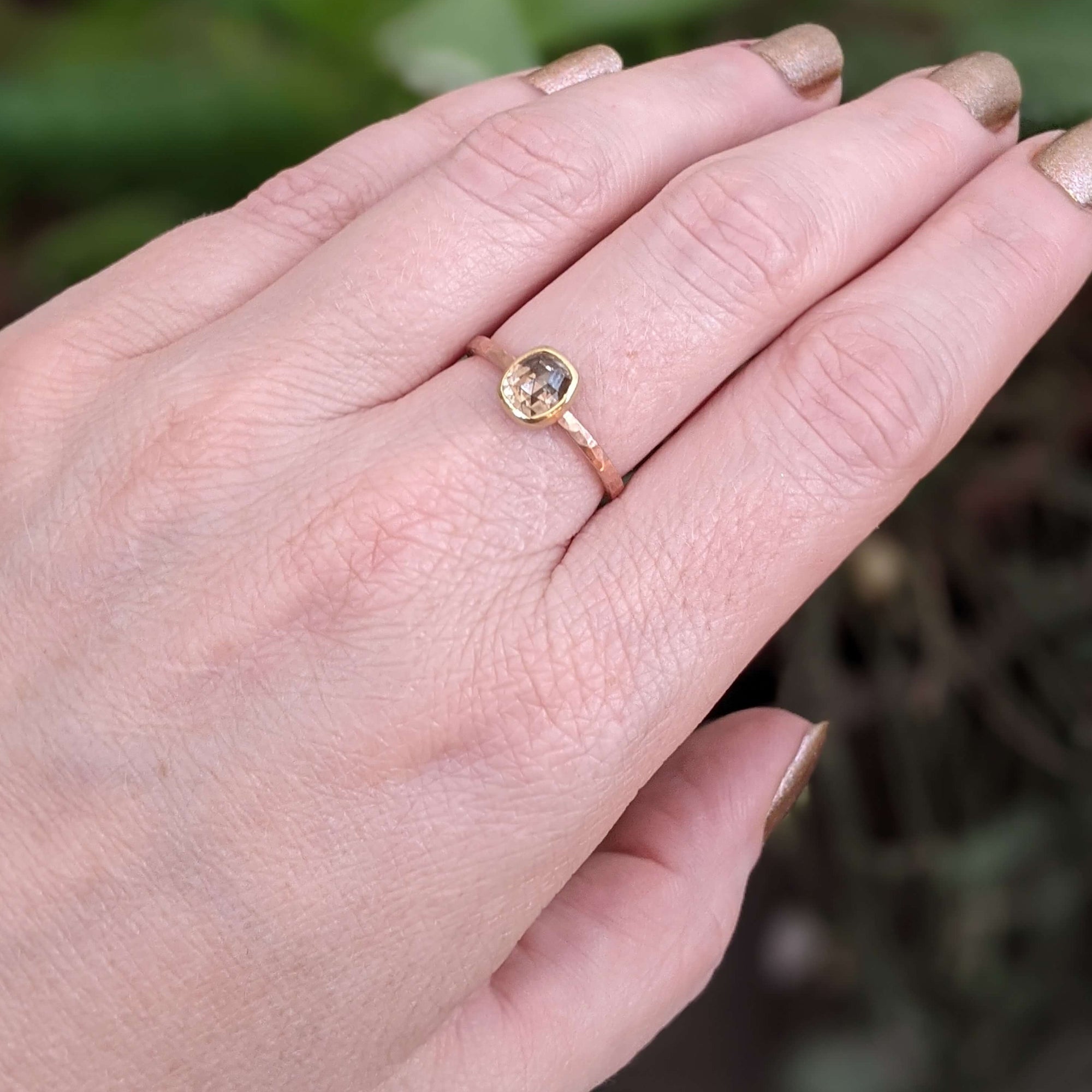 Chocolate Brown Rose Cut Diamond Ring in Green and Rose Gold - EC