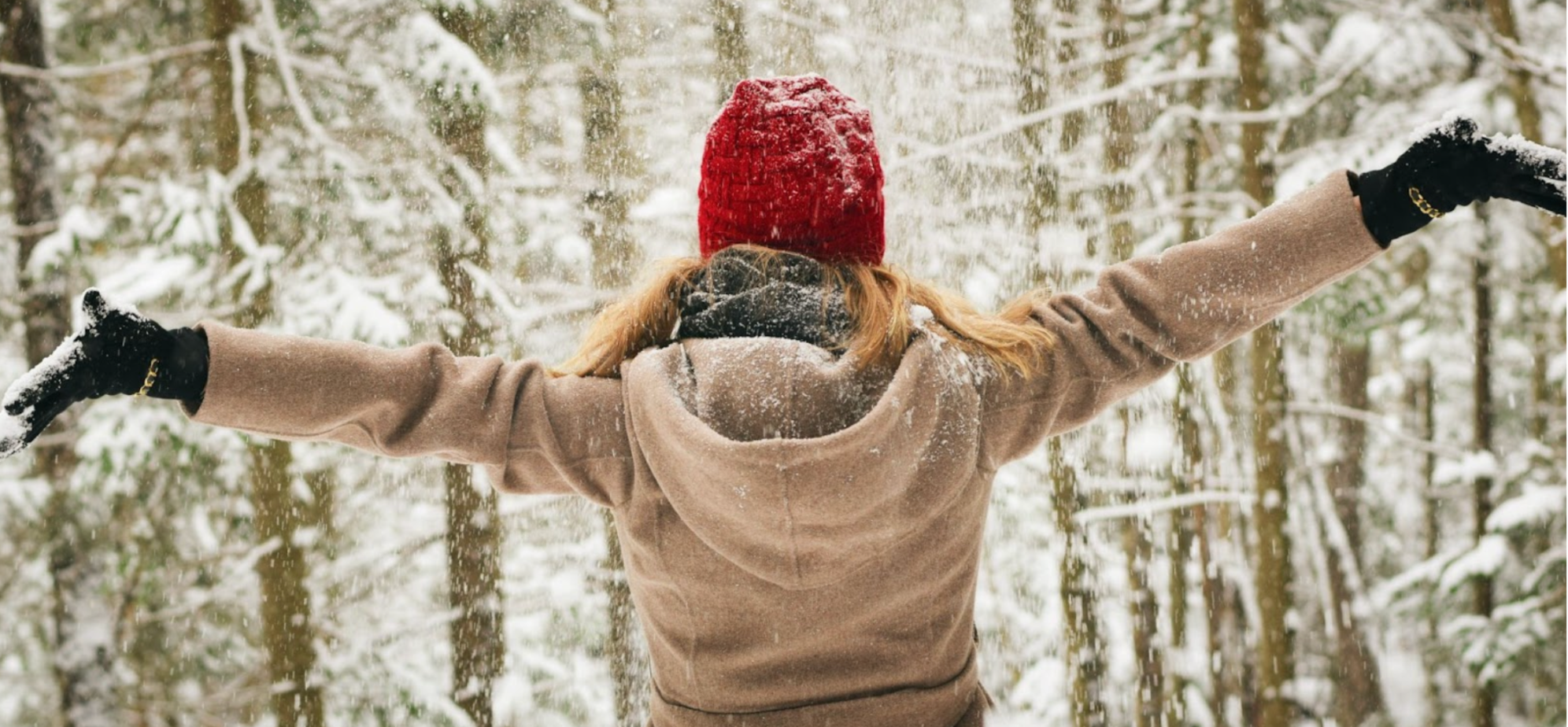 Back of a happy woman with her arms raised in the snow