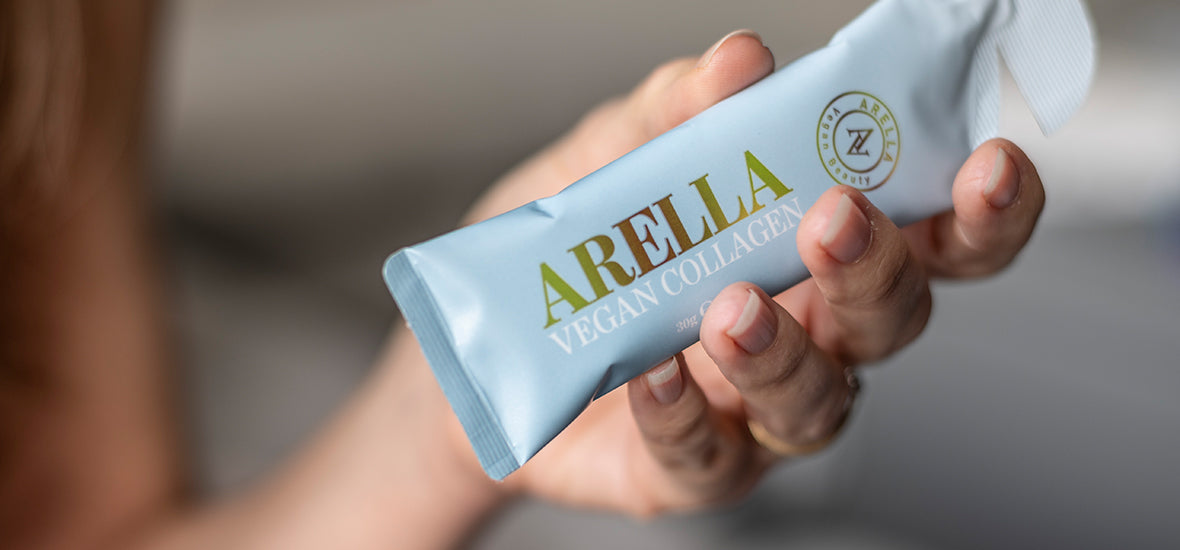 Close-up of Arella Beauty liquid collagen supplement to boost collagen.