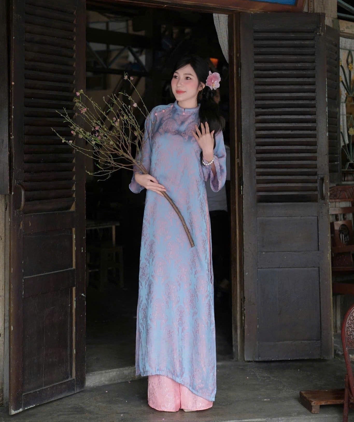 M216 áo + quần thọ dơi hồng - Áo dài lụa thọ dơi dáng suông màu tím cà