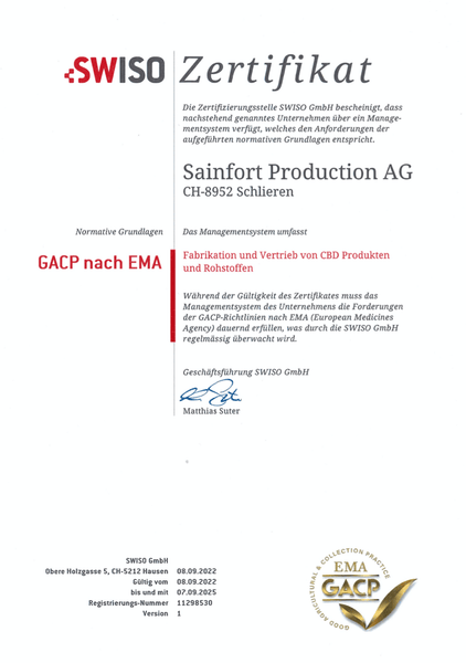 GACP-Zertifizierung für Cannabis, Swiso Schweiz, Sainfort Produktion