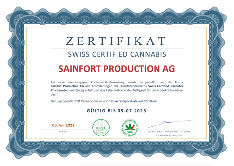 Certificate SCC_LABEL_swiss_certified_cannabis_SAINFORT_CBD_SCHWEIZ