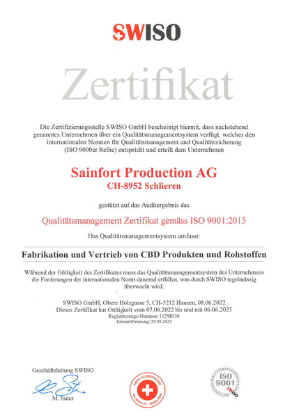 ISO 9001 certificate for Sainfort, Swiss producer of CBD products, cannabis cultivation