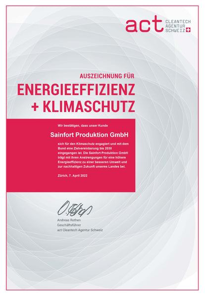 act certificate, energy efficiency and climate protection, sustainability, Sainfort, CBD, cannabis cultivation Switzerland