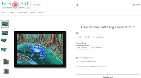 Go to Shop page for Blue Poison Dart Frog illustration by Tamara Clark, Eden Art