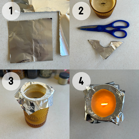 A step-by-step visual guide for how to use foil to fix candle tunneling