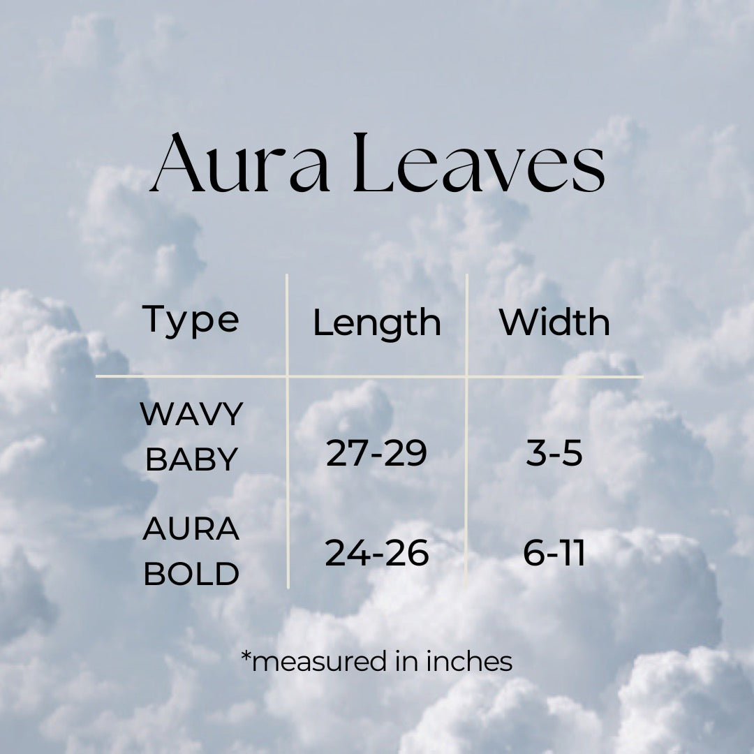 Aura Leaves size chart. Wavy Baby: 27-29" long, 3-5" wide. Aura Bold: 24-26" long, 6-11" wide.