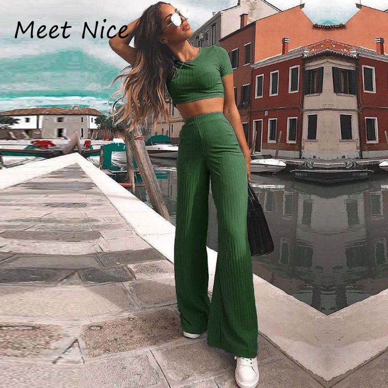 2 Two Piece Set Women Ribbed O Neck Crop Top and Long Pants - ladieskits