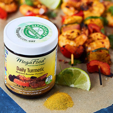 Shrimp and Veggie Skewers with MegaFood Daily Turmeric Pineapple Salsa