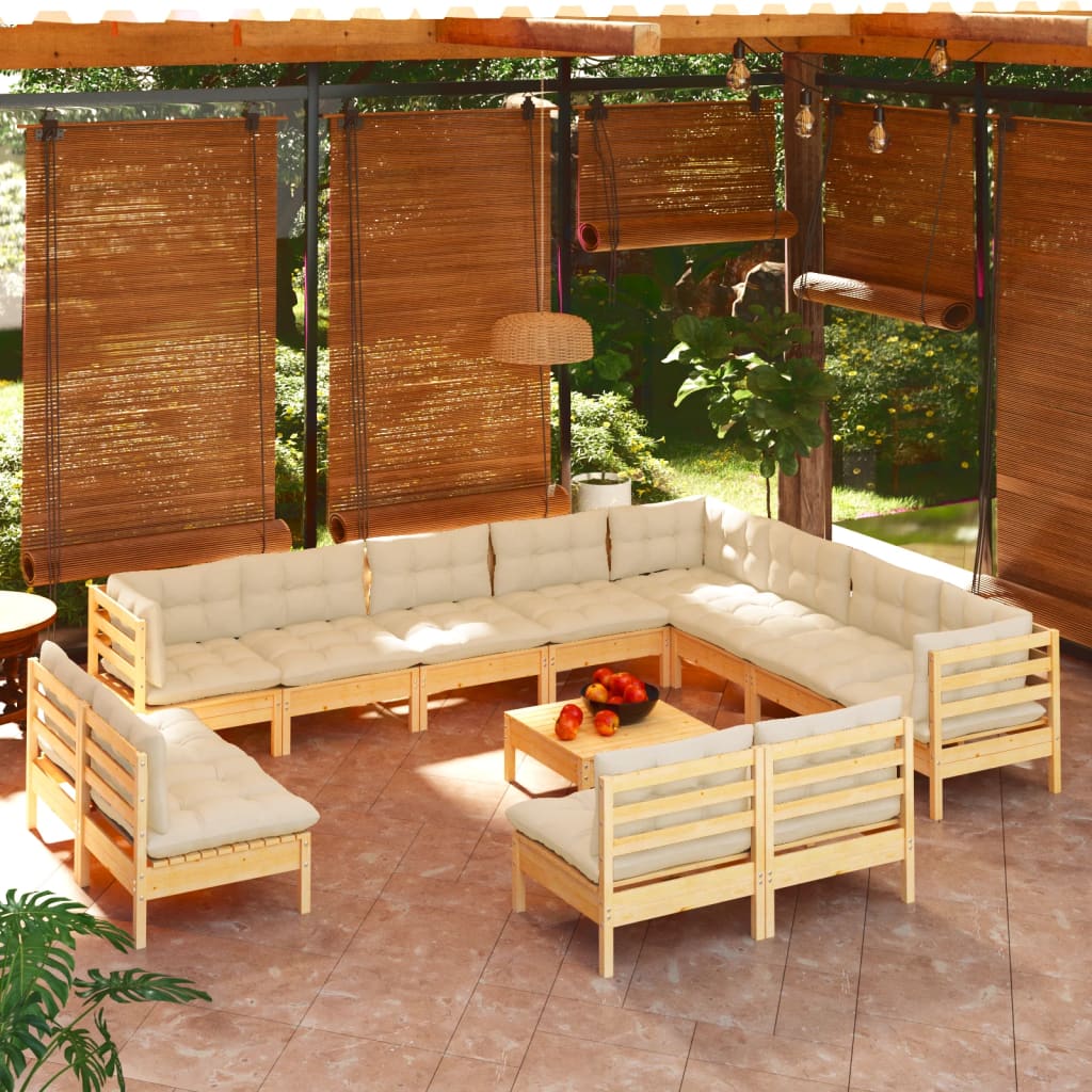 Billede af loungesæt til haven 13 dele cremehvide hynder massivt fyrretræ hos BoligGigant