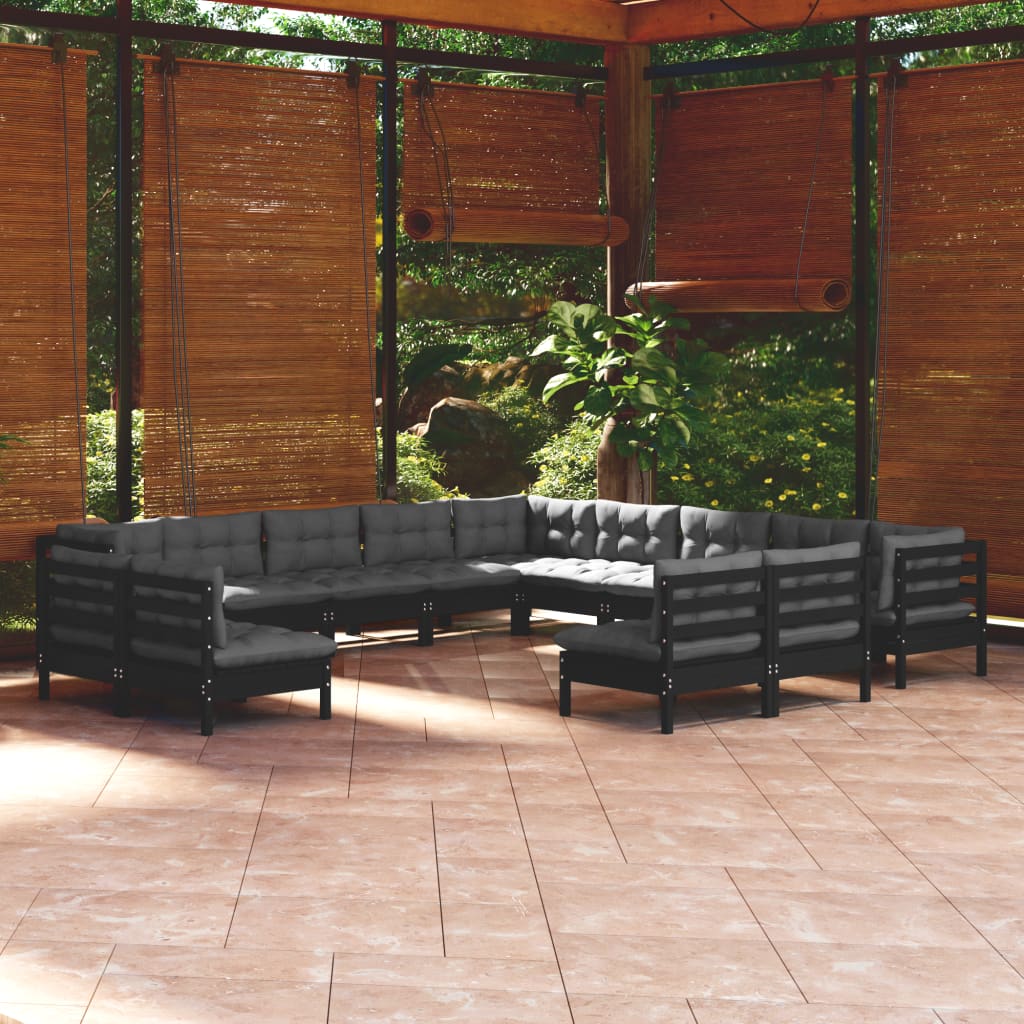 Billede af loungesæt til haven 13 dele med hynder massivt fyrretræ sort