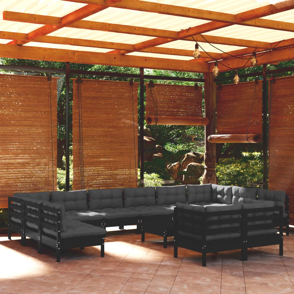 Billede af loungesæt til haven 13 dele med grå hynder fyrretræ