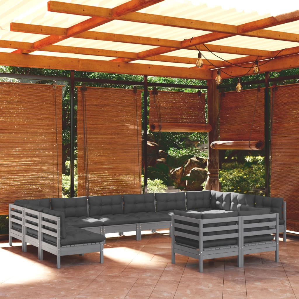 Billede af loungesæt til haven 12 dele med hynder massivt fyrretræ sort