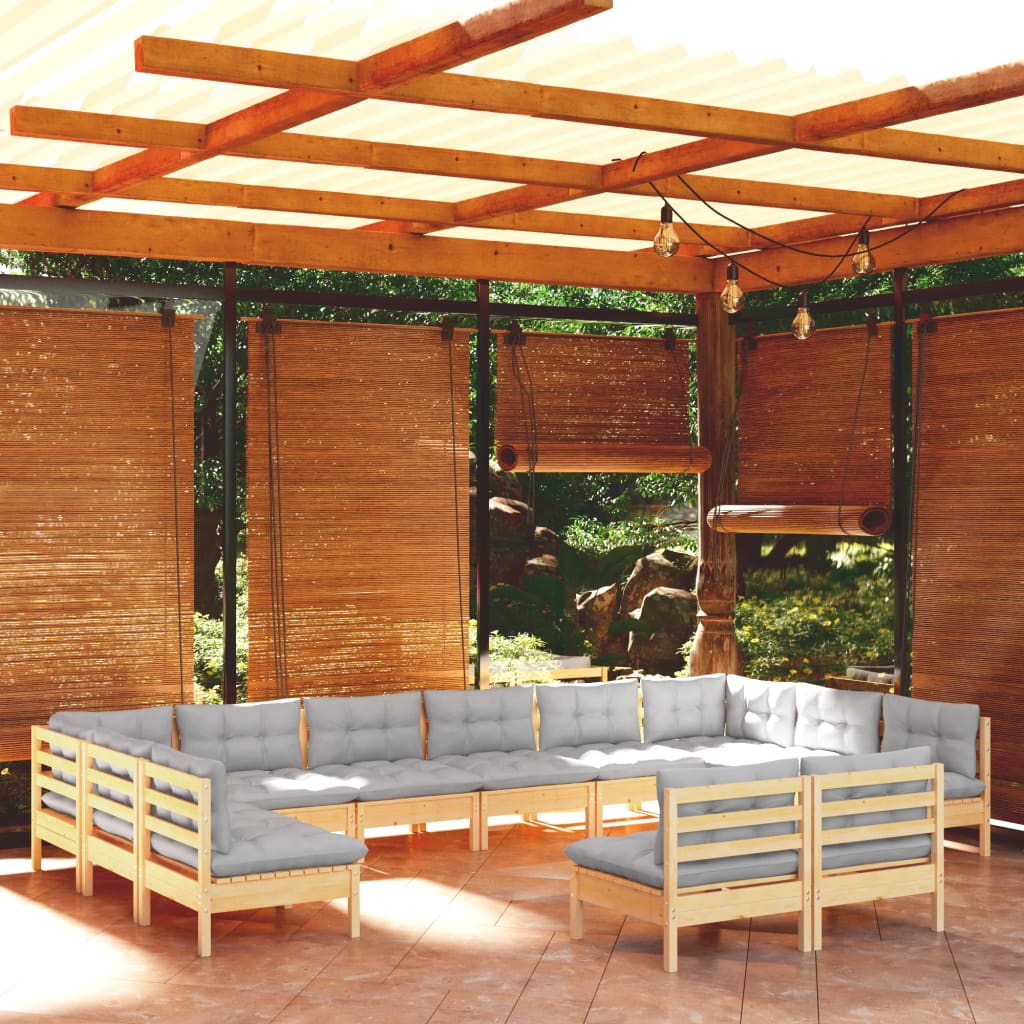 Billede af loungesæt til haven 12 dele med hynder massivt fyrretræ grå hos BoligGigant