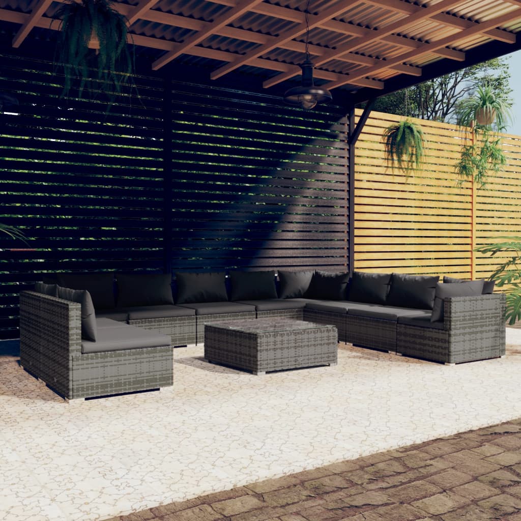 Billede af loungesæt til haven 9 dele med hynder polyrattan grå