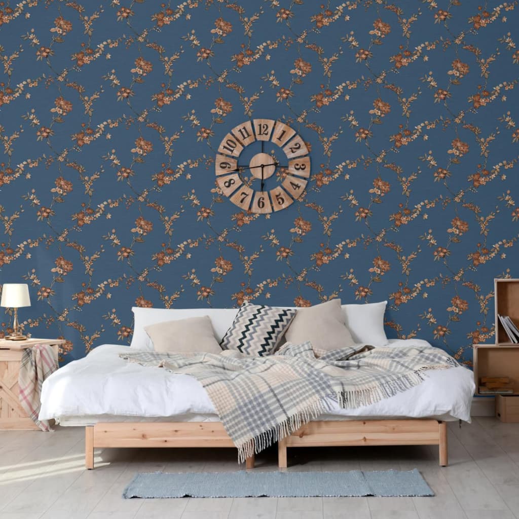 Billede af DUTCH WALLCOVERINGS tapet Flower mørkeblå og bronzefarvet