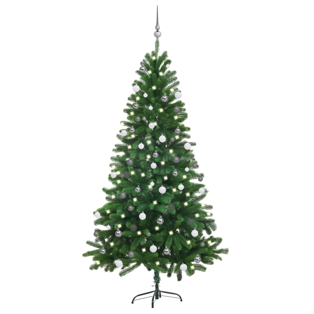 kunstigt juletræ med lys og kuglesæt 180 cm grøn
